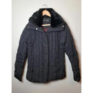 David Buchman Quilted Winter Coat Womens S Black Puffy Faux Fur Collar Insulated